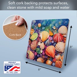 Bright Shells Decorative Heat Tolerant Stone Trivet with Non-Skid Cork Backing 8” Square Artistic, Durable, Easily Wipes Clean