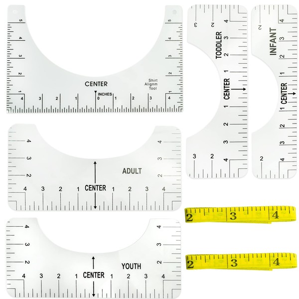 5 Pcs T-Shirt Alignment Tools with 2 * Measure Tape Tshirt Ruler Guide T-Shirt Centering Tool 5 Sizes T-Shirt Alignment Ruler Set with Clothing Size Chart