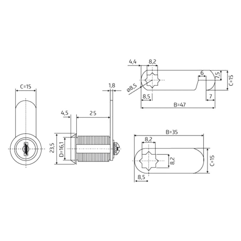 1 Cabinet Lock Lever Lock 25 mm Universal Cylinder Furniture