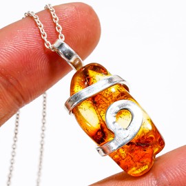 GEMKORA Natural Amber Crystals Wire Wrapped Pendant Necklace, Healing Rough Gemstone, Birthday, Gift for her, 925 Sterling Silver Christmas Jewelry 18 inch