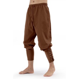 Heyigrow Mens Pirate Pants Medieval Viking Costume, Renaissance Lace-up Ankle Banded Trousers Cotton Linen Cosplay Outfits(Brown,XXL)