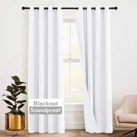 RYB HOME 3-in-1 Soundproof Curtains with Detachable Felt Liner, 100% Blackout Thermal Insulated Living Room Curtains, Draft Block Drapes for Living Room, Pure White, W52 x L90 in, 1 Pair