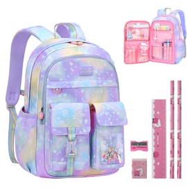Aedcbaide School Bags for Girls with Stationery Set, Refrigerator Door Kids Backpack Rucksack for Primary School, Lightweight Pink School Bag for 8-10 Years Old (Girls, Purple)