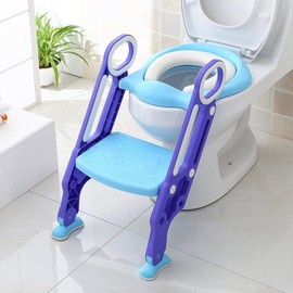 Potty Training Toilet Seat with Step Stool Ladder for Kids and Toddlers Adjustable Toilet Training Seat with Soft Not-Cold Padded Seat Safe Handles and Non-Slip Wide Steps, Purple and Blue