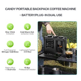 Candy™ Portable Espresso Coffee Maker with Strap for Travel, 3 in 1 One-Touch Operation, Rechargeable Up to 60 Cups(Cold), for Ground, Ideal for Camping, RV & Outdoor Use, Fast Heating in Plug-in Mode