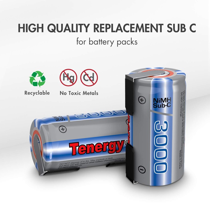 Tenergy NiMH SubC 1.2V 3000mAh Rechargeable Batteries, with Tabs, 15