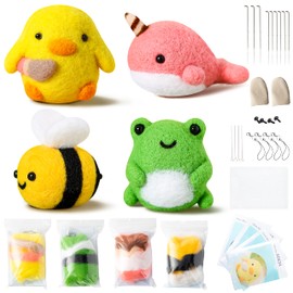 WATINC Set of 4 Cute Animal Needle Felting Starter Kit Frog Chick Bee Narwhal Animal Doll Wool Felting Tools Felt Needles Foam Mat DIY Needlework Craft Party Supplies for Beginners Adults
