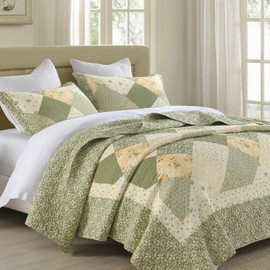 SahSahCasa 100% Cotton 128"x120" Oversized California King XL Bedspread Coverlet Quilt Set, Cal King Quilted Bedspread Extra Large Quilt, Floral Bed Spread Lightweight Comforter, Green/Cream White