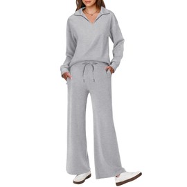 ANRABESS Women's 2 Piece Outfits Lounge Sets Casual Long Sleeve Sweatsuits Polo Top Wide Leg Pants Spring Sweat Matching Sets Light Grey Large