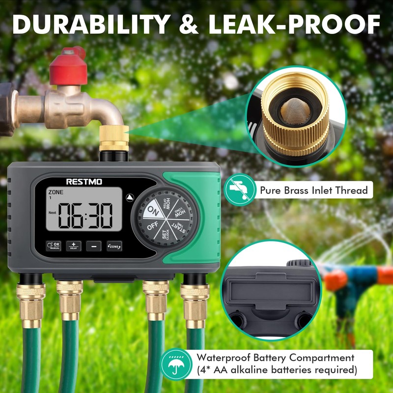 RESTMO 4-Zone Sprinkler Timer, Brass Inlet Programmable Water Timer for
