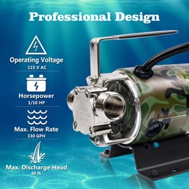 TIGEROAR 115V AC Water Transfer Pump 330 GPH Electric Utility Pump with 6 ft. Suction Hose and Replacement Kit for Water Transferring from Ponds, Pools, Aquariums, Hot Tubs, etc. - Camouflage Color