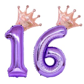 40 Inch Rose Gold Crown Number 16 Balloons, 16th Birthday Balloons for Men Women, Purple 16th Celebration Decor Happy 16th Birthday Party,16th Party Decoration Wedding Anniversary Events Supplies