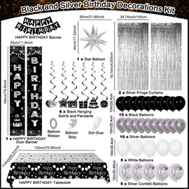Black and Silver Birthday Decorations for Men Women Boys Girls, Happy Birthday Decorations Black and White, Happy Birthday Banner Balloons Tablecover Fringe Curtain Door Banner, Birthday Party Decor