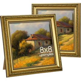 upsimples 8x8 Picture Frame with Real Glass, Ornate Vintage 8 x 8 Photo Frames for Wall Decor or Tabletop Display, Gold, 2 Pack