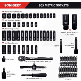 SONIGEKO Socket Set 3/8" Drive Impact 95-Piece 6 Point Deep, Standard SAE and Metric CR-V Steel Sockets with Drive Ratchet Handle (3/8" 95 PCS Socket Set,Metric and SAE)