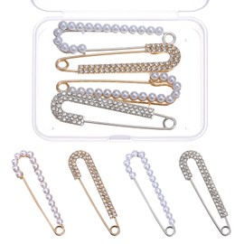 COMNICO Pearl Brooch Pins, 4Pcs Sweater Shawl Clips with Storage Box Faux Pearl Rhinestones Collar Safety Pin Gold Silver Brooch Pins for Women Fashion Clothing Dresses Decoration Accessories