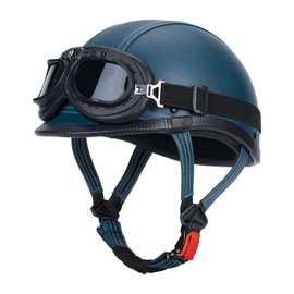 LNCHAO Retro Handmade Leather Half Motorcycle Helmet for Men & Women, Open Face Helmets for Moped Cruiser Scooter DOT Approved (Large,Blue)