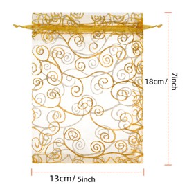 Staruby 100pcs Organza Gift Bags, 13x18cm Sheer Organza Bag Mesh Favor Bags Drawstring Jewelry Rattan Printed Gift Pouches for Wedding Party Favors Baby Shower Christmas Gifts Candy