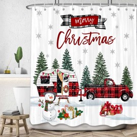 Christmas Camper RV Shower Curtain, Black and Red Buffalo Check Plaid Farmhouse Truck Snowman Camping Fabric Shower Curtains Set for Bathroom, Cute Restroom Decor Accessories with Hooks 72X 72 Inch