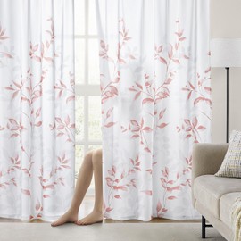 HOMEIDEAS Non-See-Through Pink and White Privacy Sheer Curtains 52 X 84 Inch Length 2 Panels, Leaf Floral Printed Light Filtering Semi Sheer Window Curtains Drapes for Bedroom Living Room