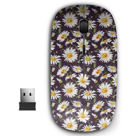 KAWAMOUSE 2.4G Ergonomic Portable USB Wireless Mouse for PC, Laptop, Computer, Notebook with Nano Receiver (Watercolor Floral Daisy White)