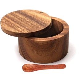 IBLAY Wooden Salt Box for Kitchen or Dining Table Spice and Herb Container | Single Compartment for Salt & Pepper, Jar & Container (Size: 4 x 2.5 in) with Spoon (Wooden Salt Cellar)