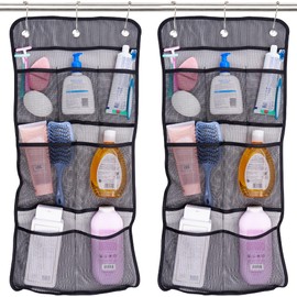 S&T INC. Shower Organizer, Shower Caddy or Bathroom Organizer with Quick Drying Mesh, 7 Pockets to Hold Shampoo, Soap, Loofah, and Cruise Ship Essentials, 14 Inch by 30 Inch, Black, 2 Pack
