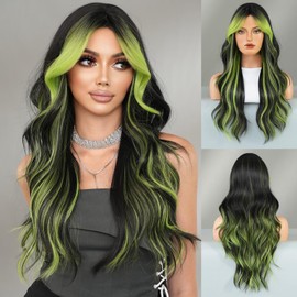 TRUMOST Black Wig Green Highlight Long Wavy Wig with Curtain Bang 26 Inch Ombre Black Green Wig Synthetic Heat Resistant for Women Daily Party used.