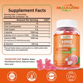 HEALOADING HMB and Leucine Gummies Supplement: HMB Supplements for Men 1500mg and Leucine Amino Acid for Muscle Recovery Increase Muscle Mass Improve Endurance Non-GMO Sugar Free Peach 60 Gummies