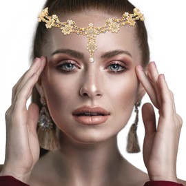 Rhinestone Head Chain Wedding Headband Chain Floral Jewelry Headpiece Bohemian Style Rhinestone Headband Diamond Head Chain Head Jewelry Hair Accessories for Women Girls Hair Decoration (Gold)