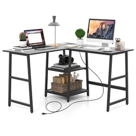 Tangkula 48” L Shaped Computer Desk, Corner Study Writing Desk with Outlets & USB Ports, Home Office Desk Computer Workstation with 2-Tier Shelf, Executive Desk (Black)