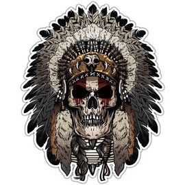Indian Chief Skull Native American Sticker 4"X5" in - Headdress Decal - for Car, Truck, Window, Laptop, Bumper, Luggage, Water Bottle, Waterproof Sticker