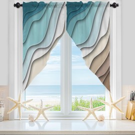 BEMIGO Swag Valances for Windows, Ombre Stripes Turquoise Brown Rod Pocket Kitchen Window Curtains Over Sink, Abstract Striped Window Curtain Panel Swag Curtains Valences, 36 Inches Length