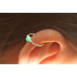 Cartilage Earring Hoop - 20G Sterling Silver helix piercing ear ring - Green opal cartilage earring, silver cartilage hoop