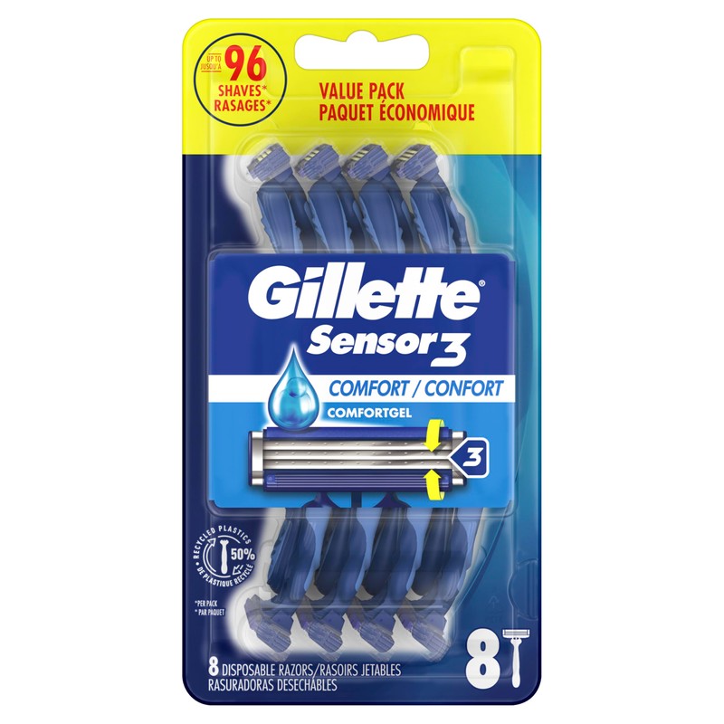 Gillette Sensor3 Comfort Disposable Razors for Men, 8 Count, Lubrastrip