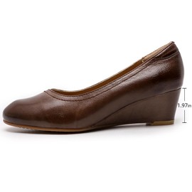Mona flying Women's Leather Closed Toe 2 Inch Mid Wedges Heels with Arch Support Round Toe Comfortable Dress Pumps for Women Ladies Chocolate