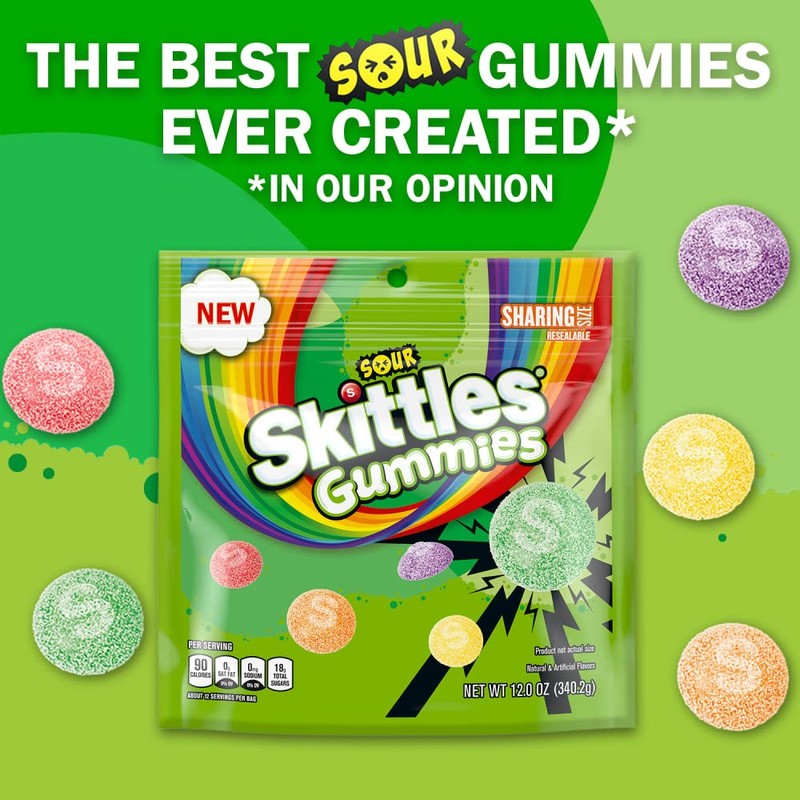 SKITTLES Sour Gummies Chewy Candy Assortment, 12oz, Sharing Size, Resealable