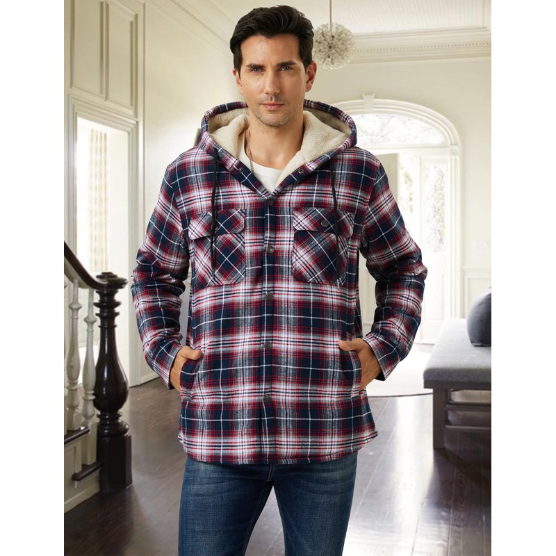 CRYSULLY Winter Hoodies for Men Lightweight Fleece Lined Plaid Shirts