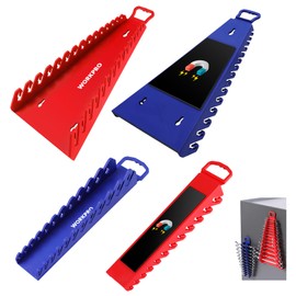 WORKPRO 4-PACK Magnetic Wrench Organizer, 2PC 15-Slot and 2PC 12-Slot Gripper Wrench Holder for Tool Boxes, Flexible Gripping Teeth and Carrying Handle, Fit for SAE and Metric, Blue, Red