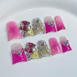 Uñas postizas de presión de pato medianas de lujo hechas a mano, uñas falsas con lazo de purpurina y diseño de pedrería, uñas hechas a mano con pegame
