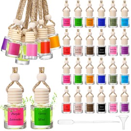 Reallnaive 100 Pcs 8ml Bulk Gift for Employee Appreciation Hanging Glass Car Diffuser Bottles with Labels 12 Color Cylinder Air Freshener Bottles with for Essential Oils Aromatherapy Fragrance