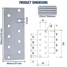 HANFCO® 10pcs 100x40x2,5mm Flat Brackets for Wood, Galvanised Steel Perforated Mending Plates, Wood Metal Flat Joining Plates, Timber Wood Repair Connectors Sleeper Fixing Heavy Duty Joining Brackets