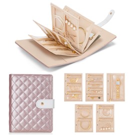 WOOMADA Travel Jewelry Organizer Case, Foldable Velvet Jewelry Storage Book with Clear Zipper Pouch and Built-in Mirror for Rings, Necklaces, Earrings, Bracelets（pink）