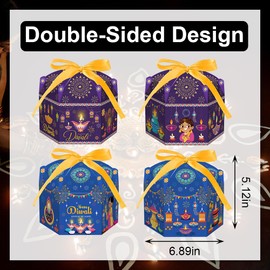 12 Packs Happy Diwali Words Gift Box Diwali Favor Treat Box Festival of Lights Party Candy Gift Box with Handles, Blue Purple Goodie Hexagonal Candy Boxes for Diwali Party Favor Decoration Supplies