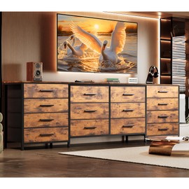 EKNKOZY TV Stand with 14 Drawers, Long Dresser for TV Up to 75 Inch, Wide Chest of Fabric Dresser for Bedroom, Entertainment Center TV Stand with Deep Drawers (63 inch, Rustic Brown)