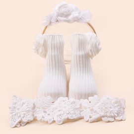 mligril Baby Girls Headband & Socks Set, Cute Non Slip Cotton Socks with Flower Hair Bows Baby Accessories Gifts for Newborn Infant Toddler