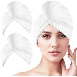2 Pack Microfiber Hair Towel Wrap,Super Absorbent Twist Hair Turban Hair Wrap for Women Fast Drying Hair Drying Cap with Buttons,H HOME-MART Long & Thick Microfibre Hair Towel White