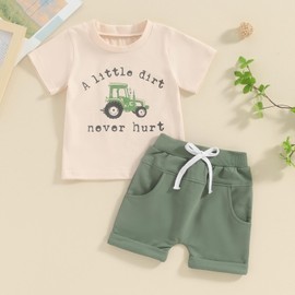 Loalirando Toddler Baby Boy Summer Western Outfit Letters Tractor Print Short Sleeve Tracksuit Top Elastic Waist Drawstring Jogger Short Set (Beige, 2-3T)