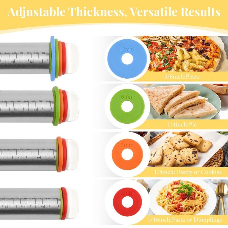 Adjustable Rolling Pin with 4 Thickness Rings for Baking, 17”