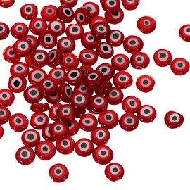 PATIKIL 6mm Flat Evil Eye Beads, 100 Pcs Turkish Evil Eye Charm Round Shape Spacer Beads Pendant Connector for DIY Art Craft Bracelet Necklace Earrings Making, Red